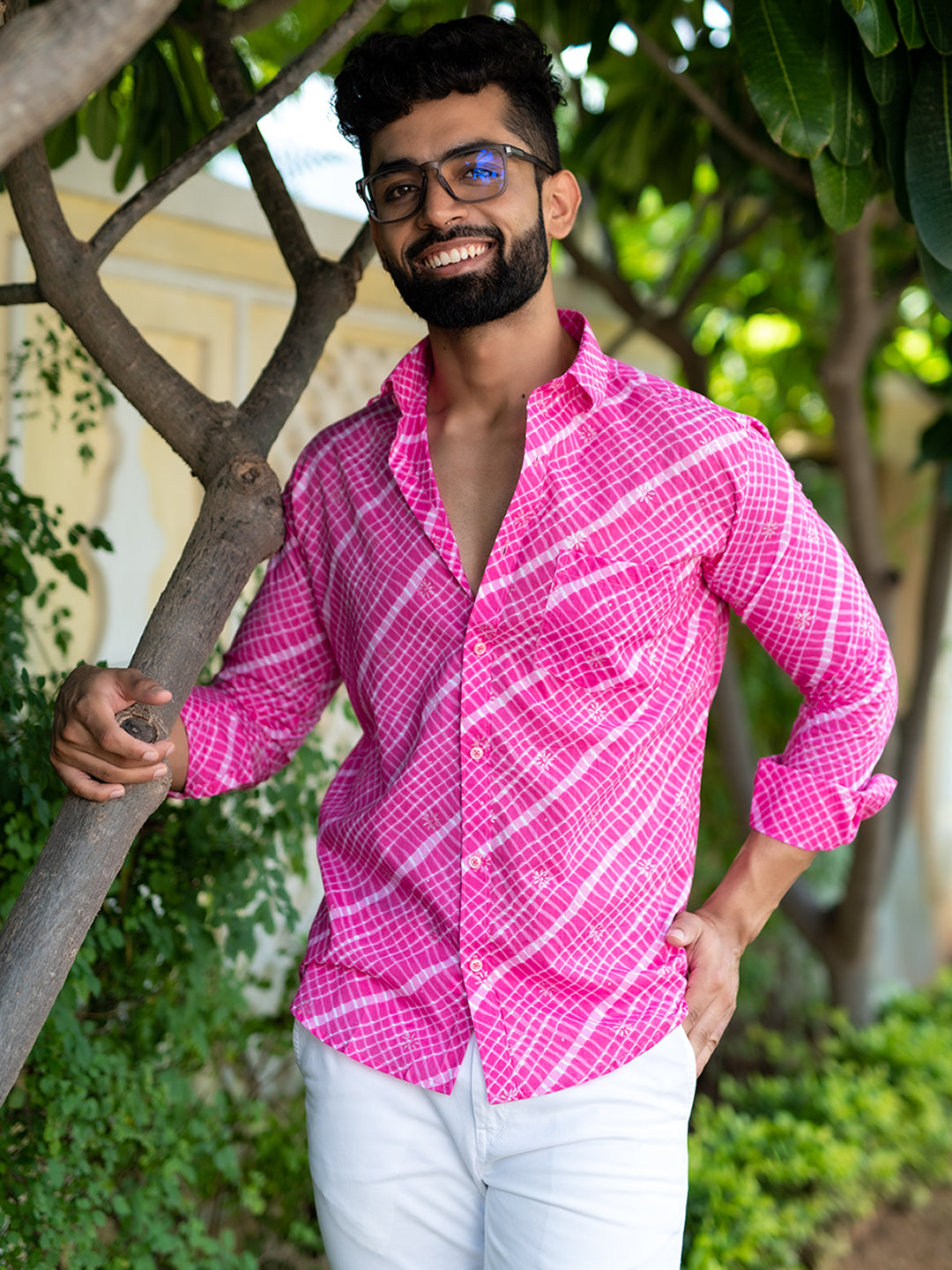 Full Sleeves Cotton Pink Leheriya Print Shirt