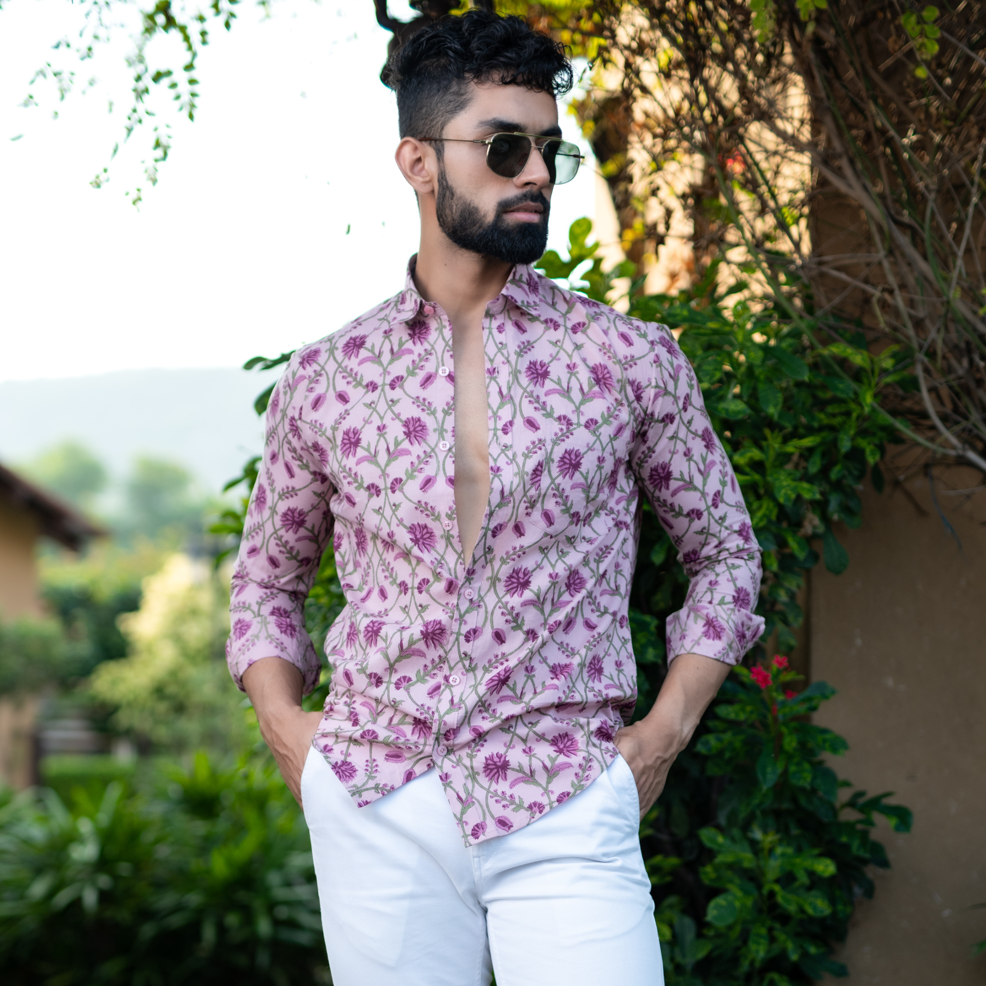 Lilac Floral Full Sleeves Cotton Printed Shirt For Men