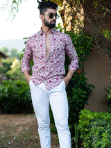 Lilac Floral Full Sleeves Cotton Printed Shirt For Men