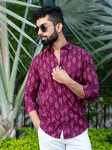 Full Sleeves Cotton Maroon Bandhej Printed Shirt