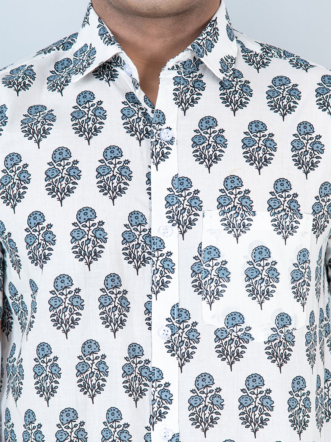 Cotton Half Sleeves White Jaipuri Printed Shirt