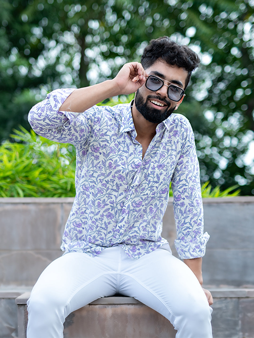 Purple Full Sleeves Cotton Floral Print Shirt