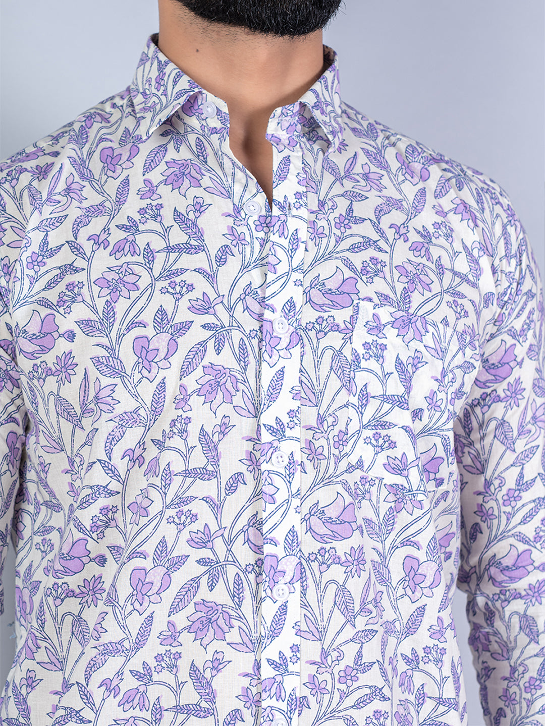 Purple Full Sleeves Cotton Floral Print Shirt