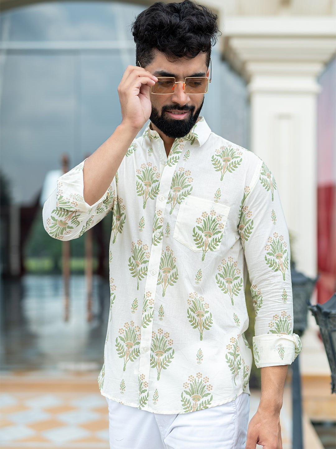 Cotton Full Sleeves Off White Floral Printed Shirt