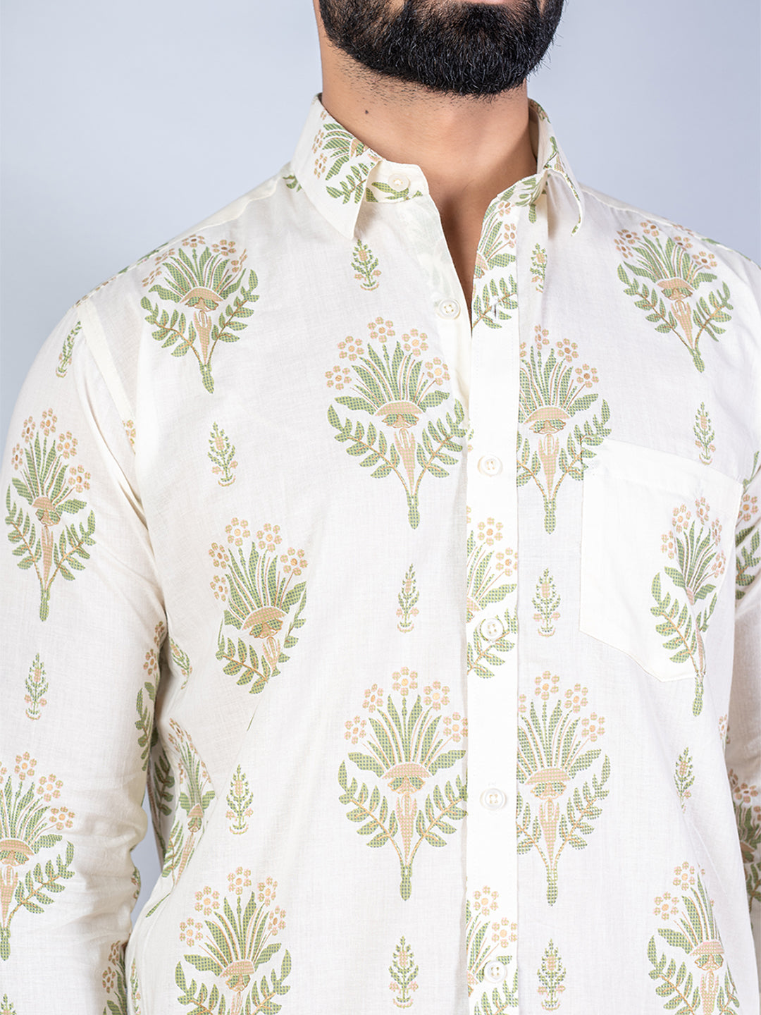 Cotton Full Sleeves Off White Floral Printed Shirt