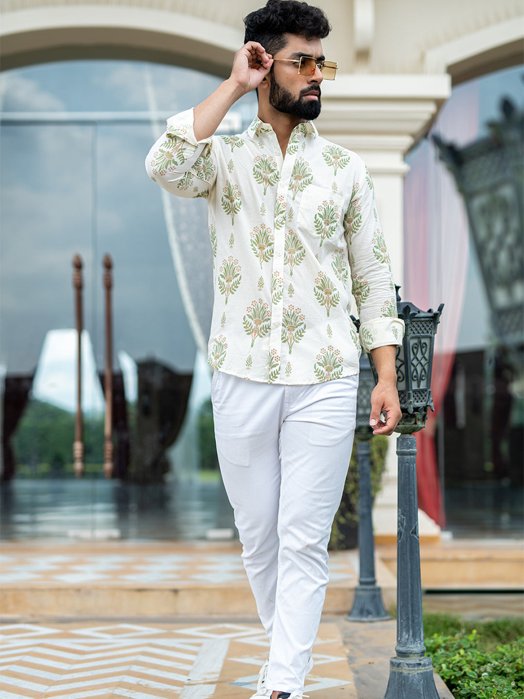 Cotton Full Sleeves Off White Floral Printed Shirt