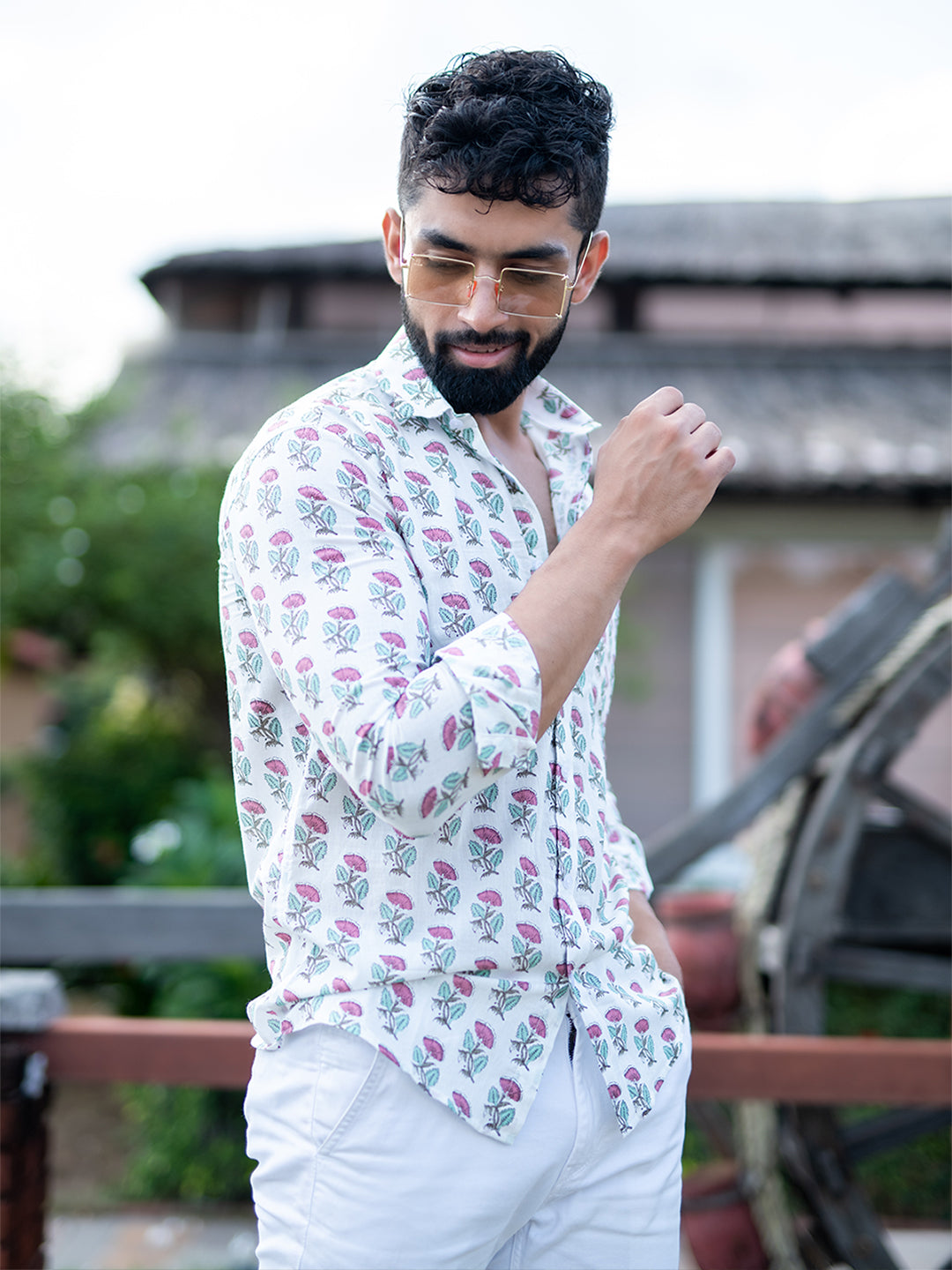 White Hand Block Floral Printed Shirt