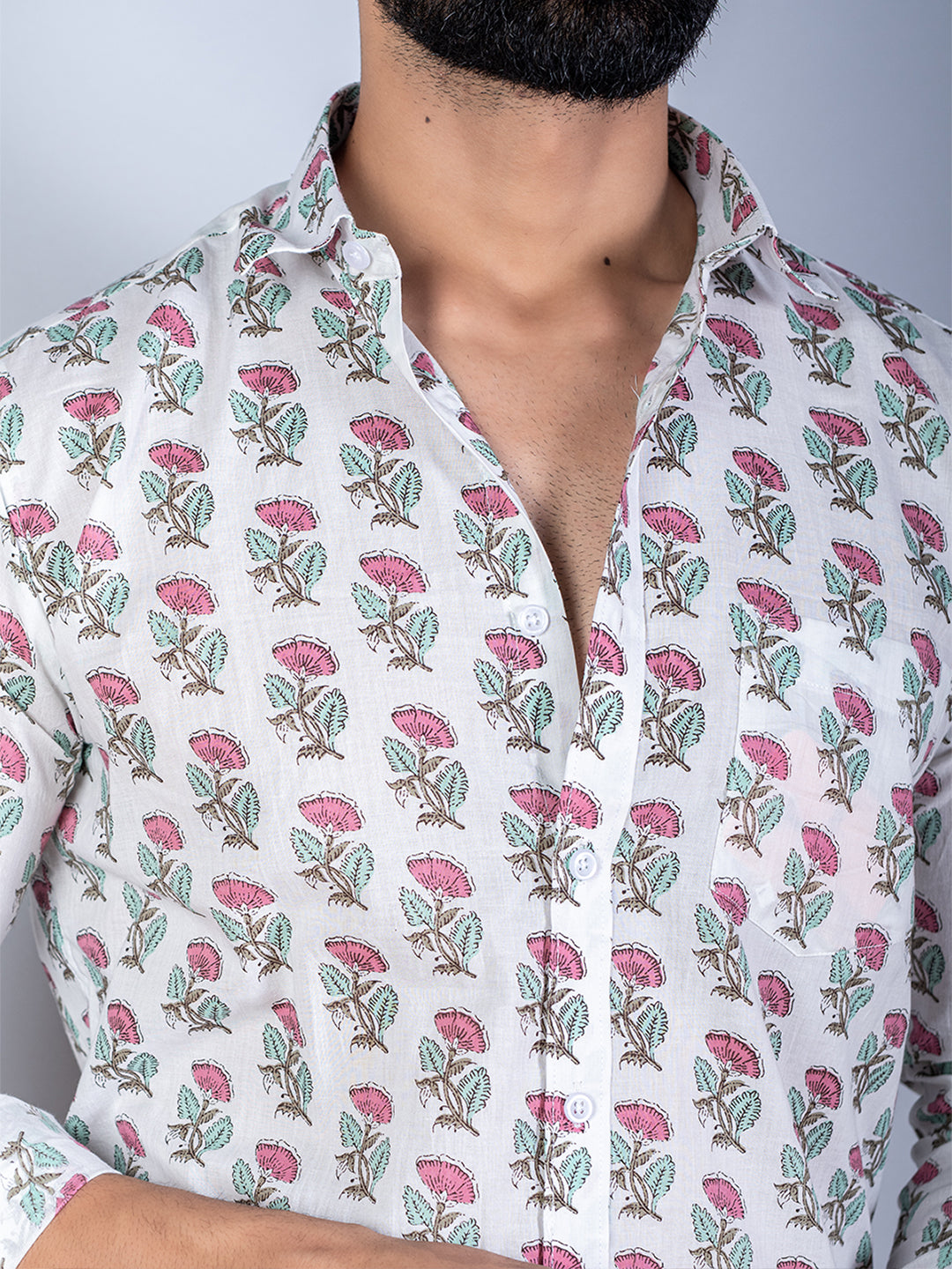 White Hand Block Floral Printed Shirt