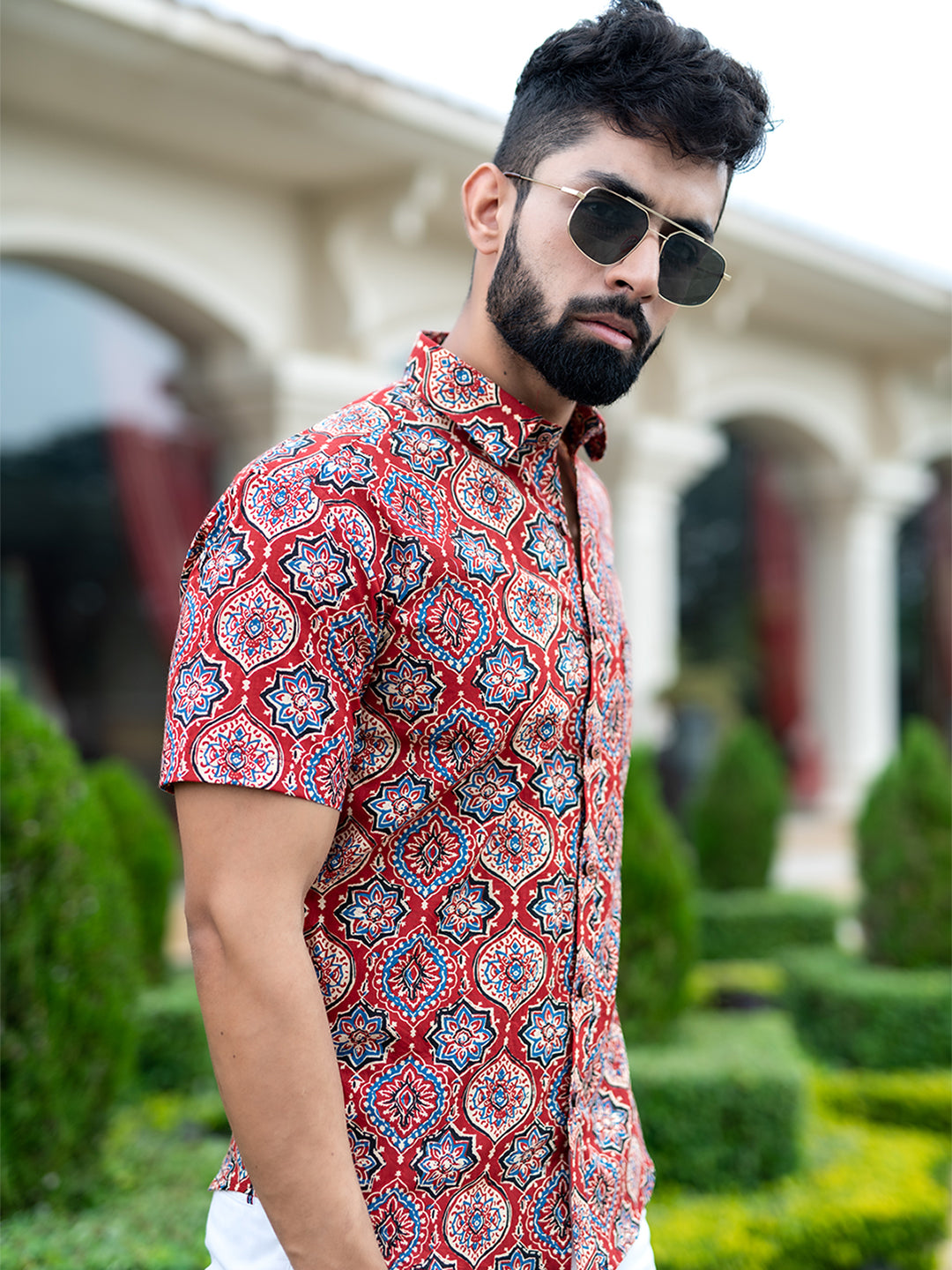 Half Sleeves Cotton Red Block Printed Shirt