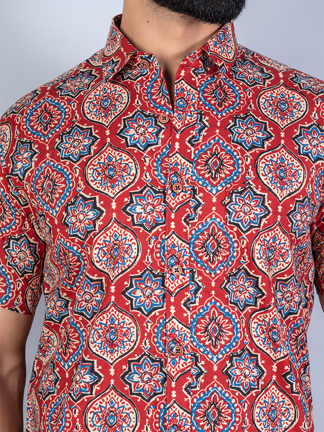 Half Sleeves Cotton Red Block Printed Shirt