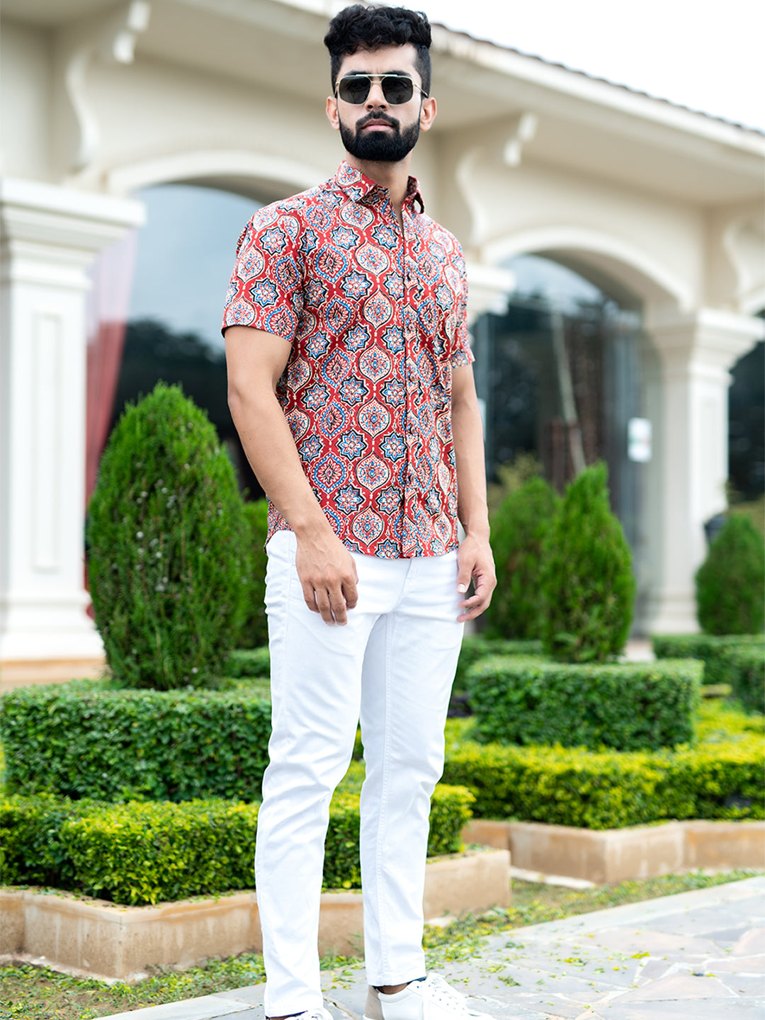 Half Sleeves Cotton Red Block Printed Shirt