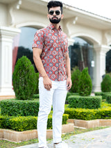 Half Sleeves Cotton Red Block Printed Shirt