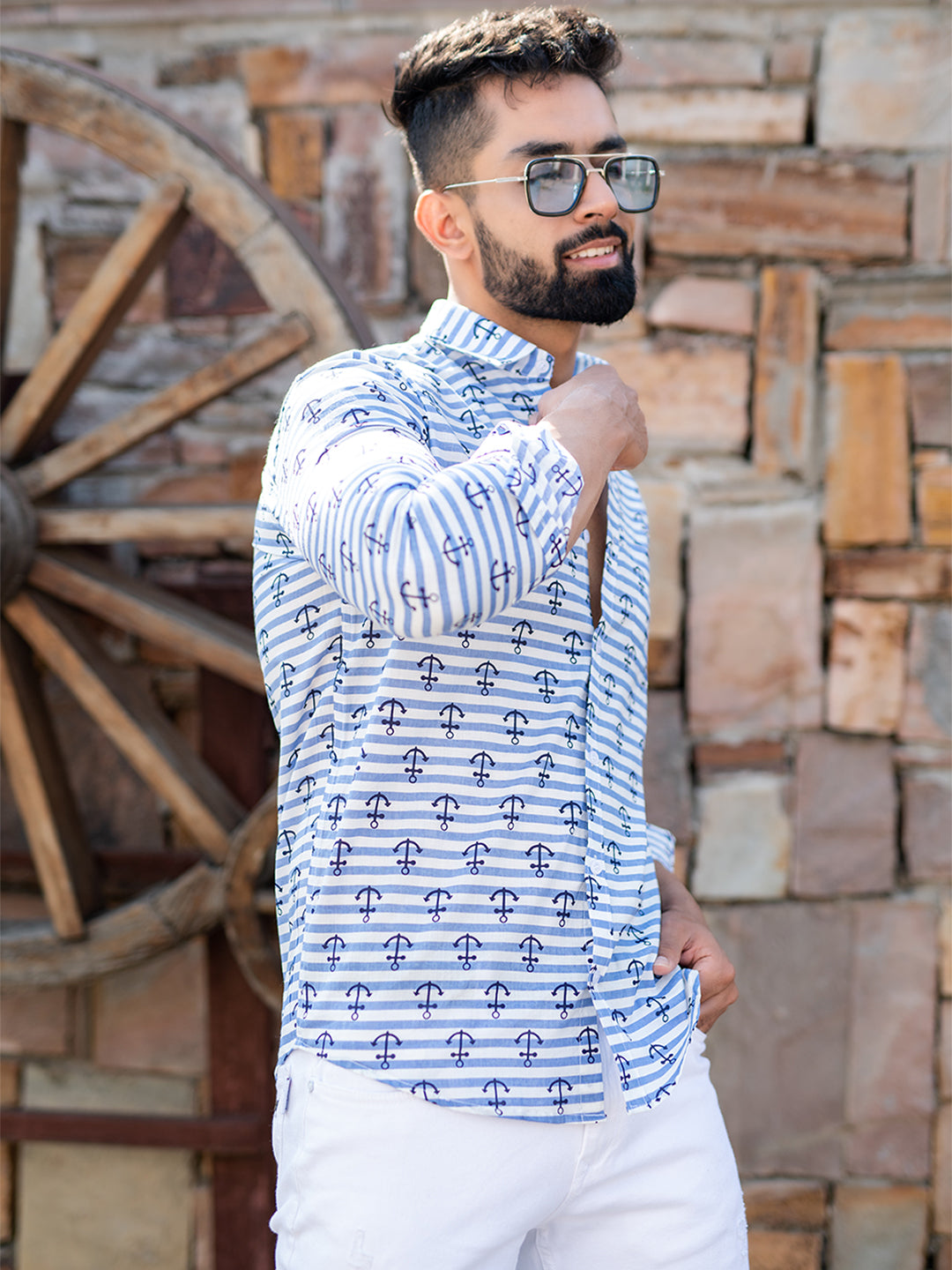 Full Sleeves White & Blue Anchor Print Shirt