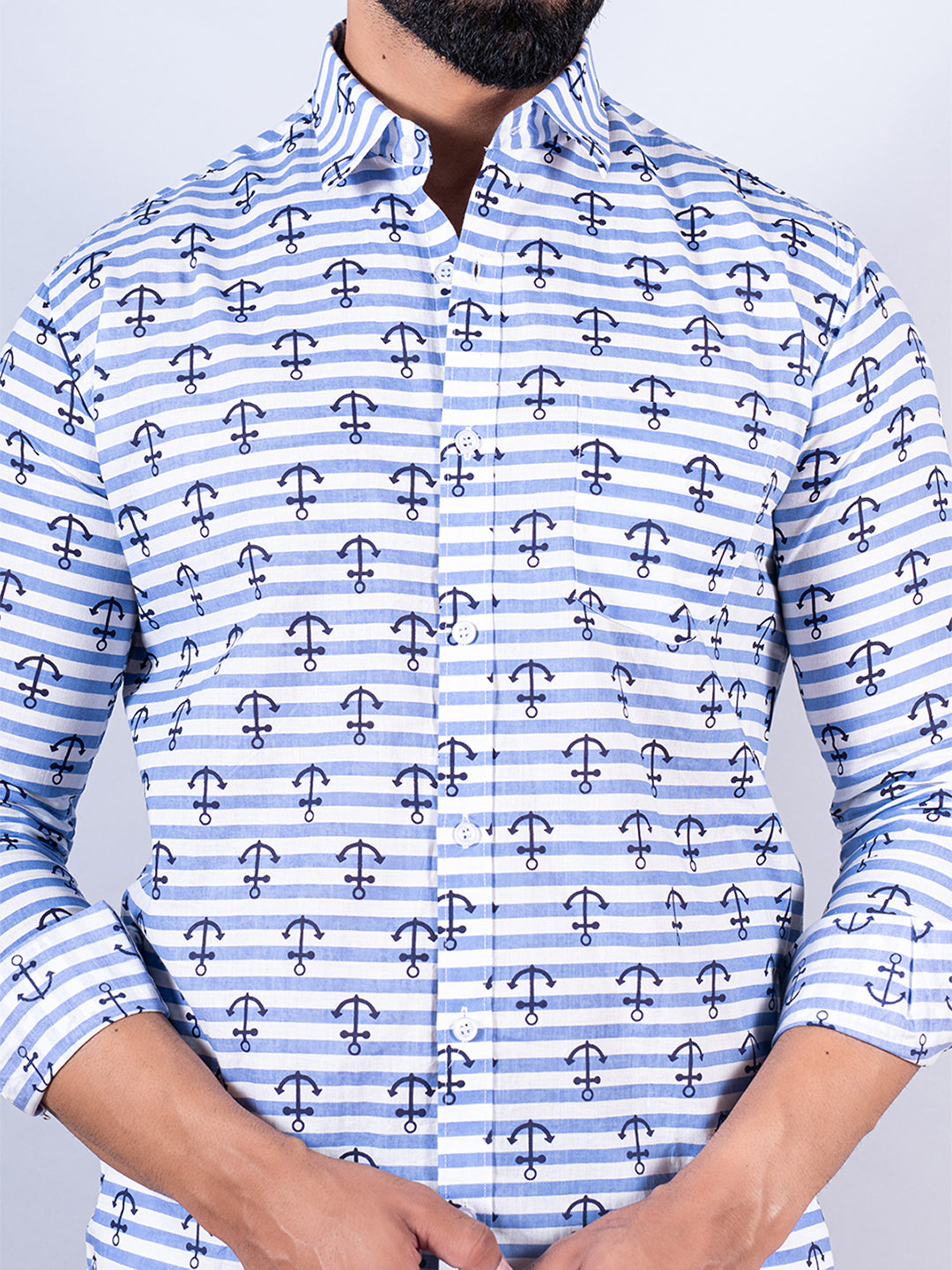 Full Sleeves White & Blue Anchor Print Shirt