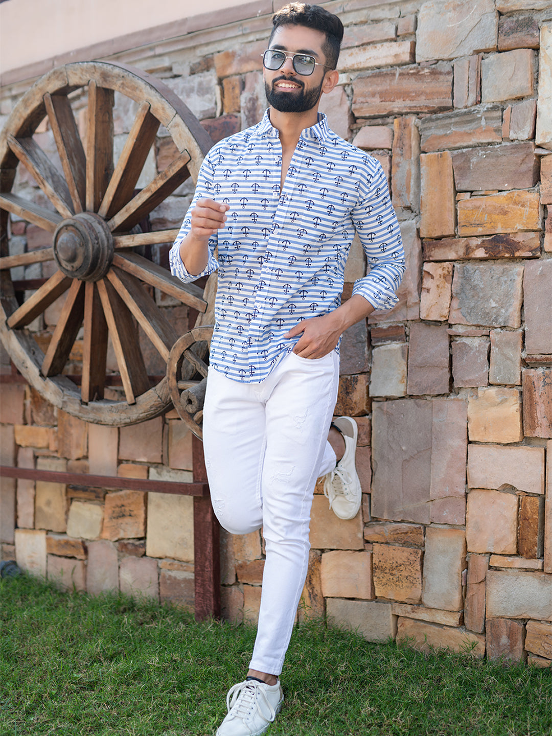 Full Sleeves White & Blue Anchor Print Shirt