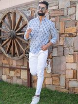 Full Sleeves White & Blue Anchor Print Shirt