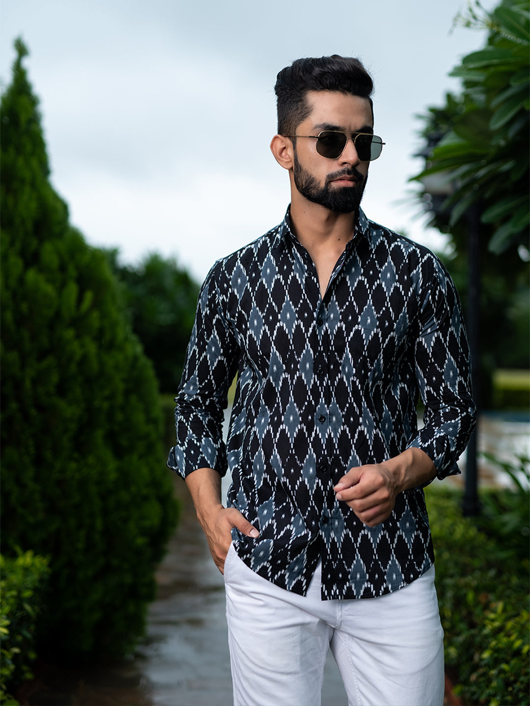 Cotton Full Sleeves Black & Grey Ikat Printed Shirt