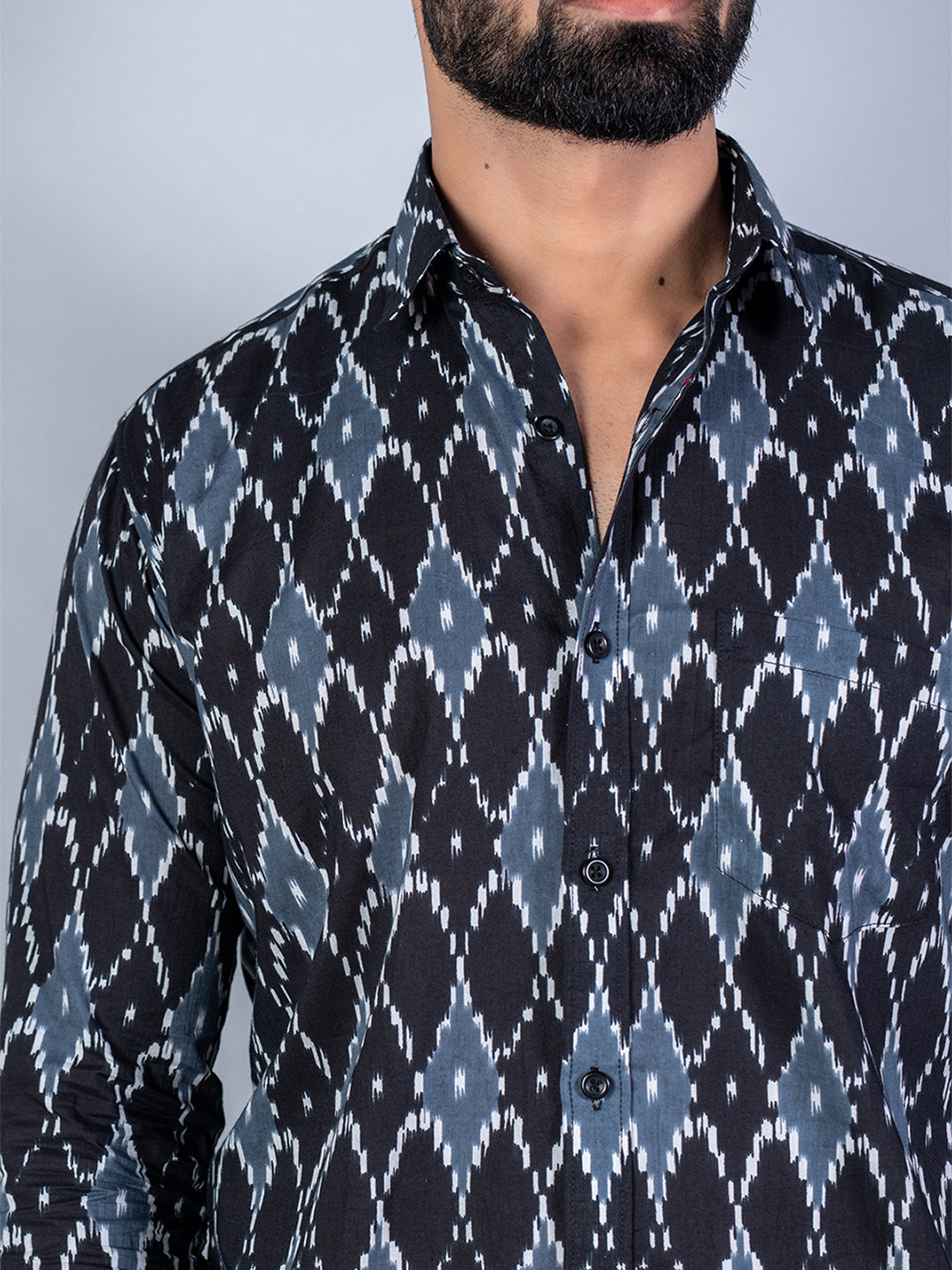 Cotton Full Sleeves Black & Grey Ikat Printed Shirt