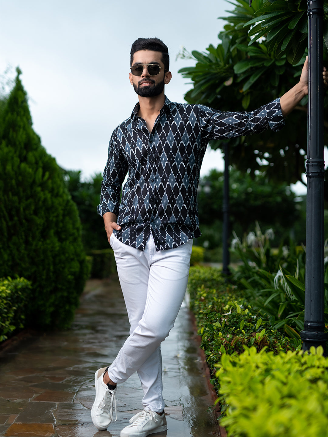 Cotton Full Sleeves Black & Grey Ikat Printed Shirt