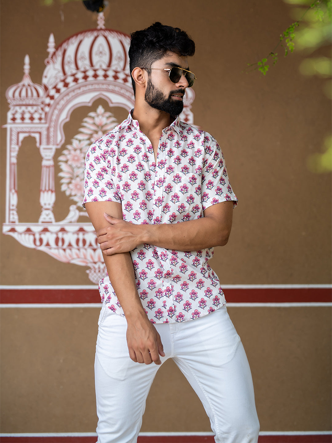 White Half Sleeves Cotton Floral Printed Shirt