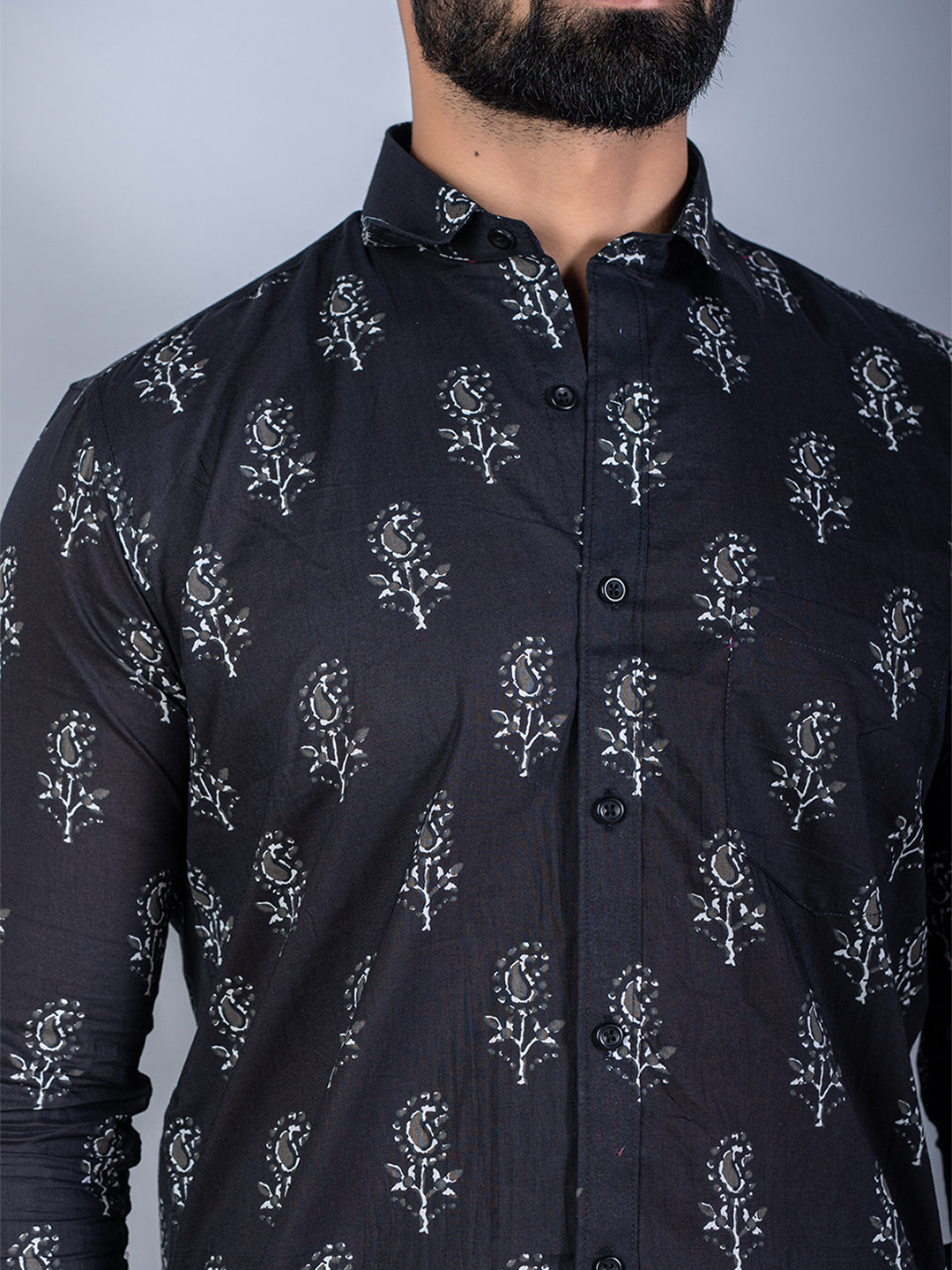 Black Hand Block Cotton Printed Shirt