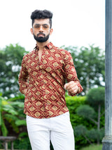 Full Sleeves Cotton Brick Red Floral Print Shirt