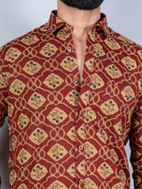 Full Sleeves Cotton Brick Red Floral Print Shirt