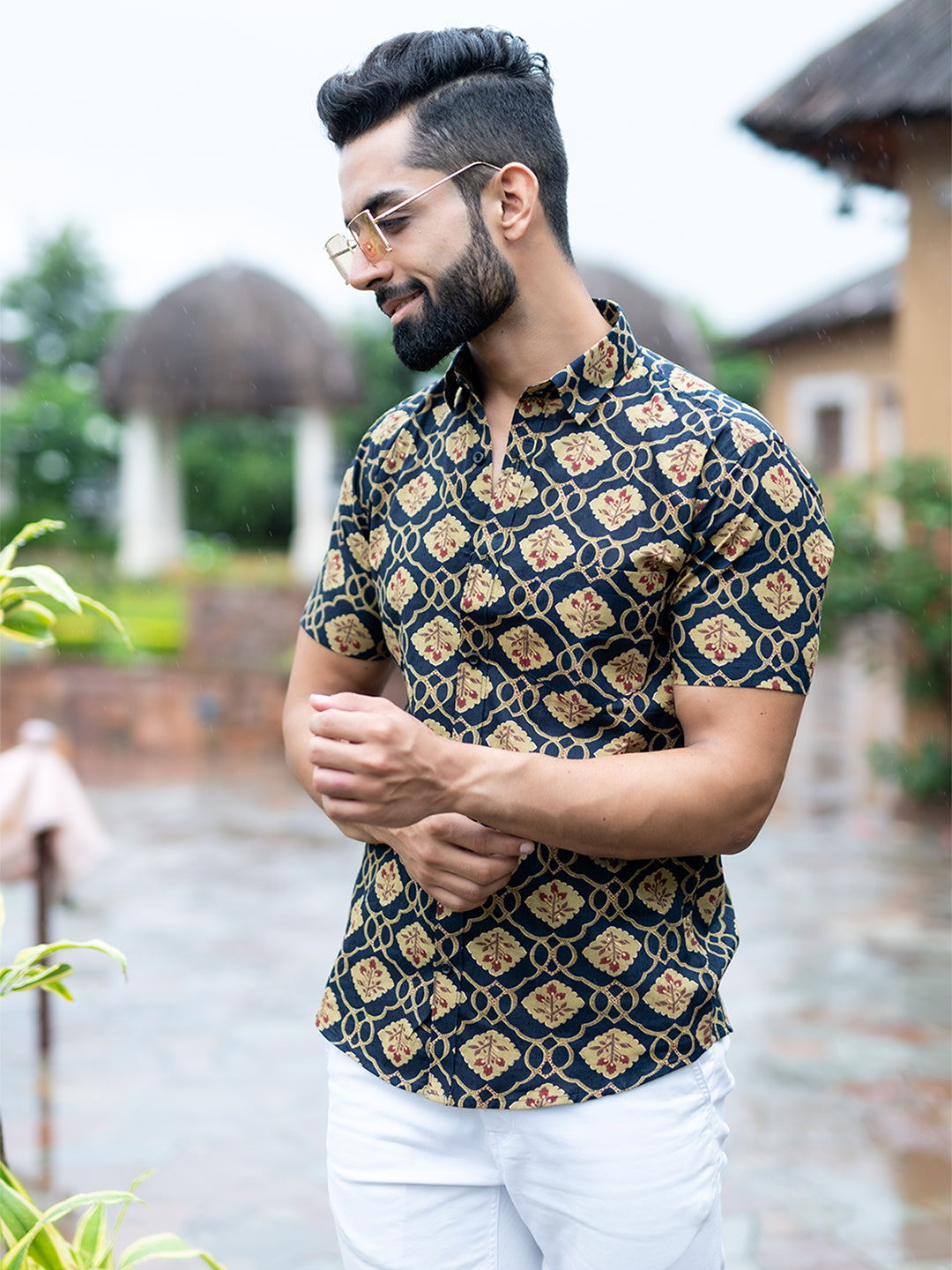 Half Sleeves Cotton Navy Blue Floral Print Shirt