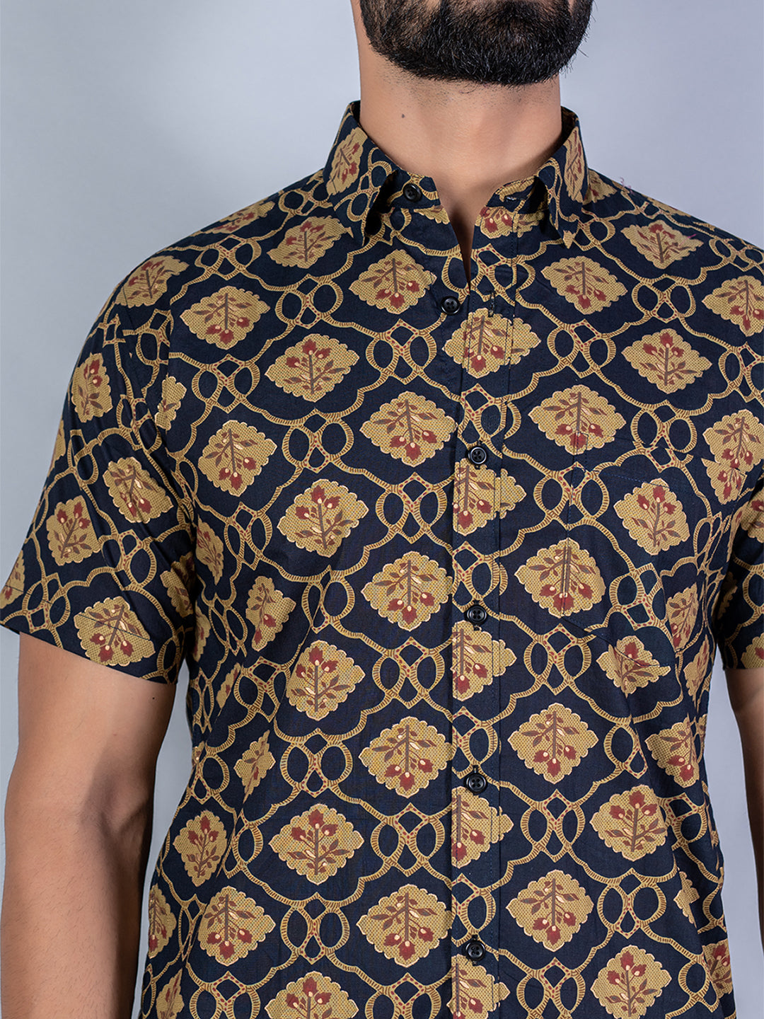 Half Sleeves Cotton Navy Blue Floral Print Shirt