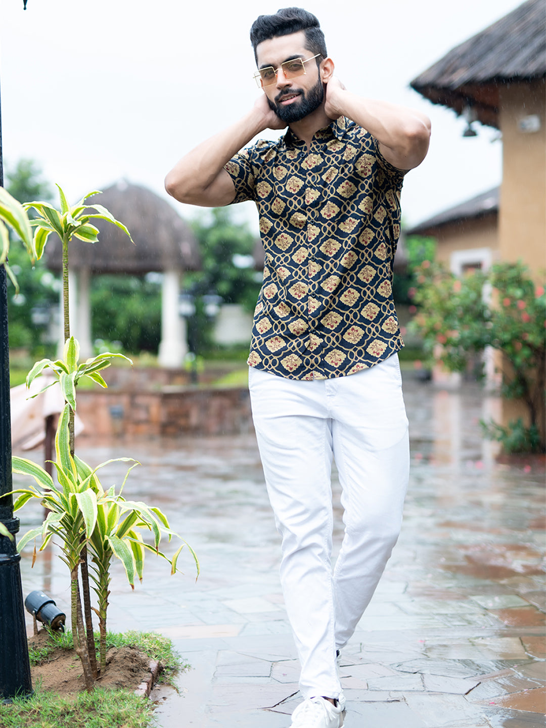 Half Sleeves Cotton Navy Blue Floral Print Shirt