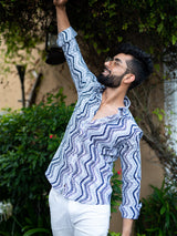 Cotton White & Blue Full Sleeves Chevron Print Shirt