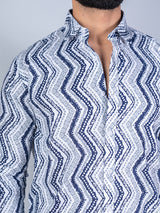 Cotton White & Blue Full Sleeves Chevron Print Shirt