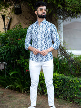 Cotton White & Blue Full Sleeves Chevron Print Shirt