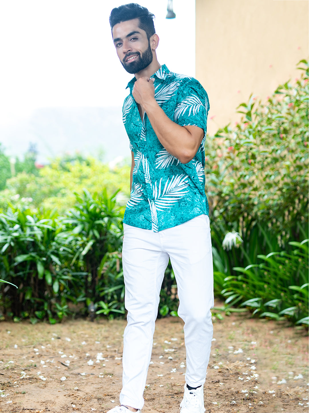 Half Sleeves Crepe Green Leaf Printed Shirt