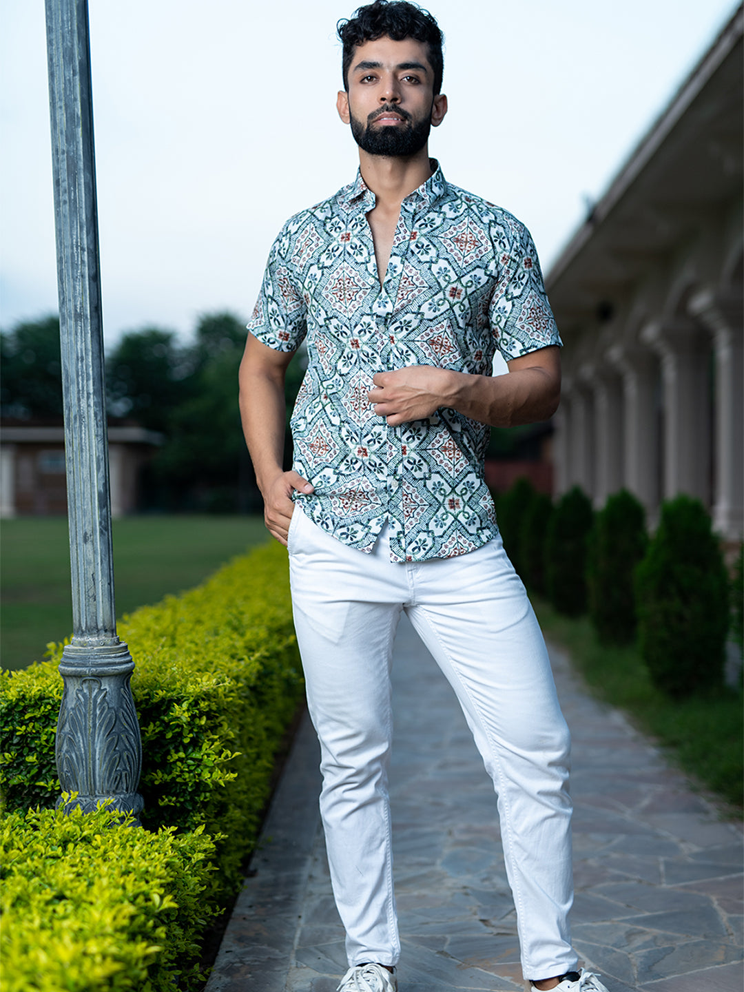 Crepe Half Sleeves Green Floral Printed Shirt