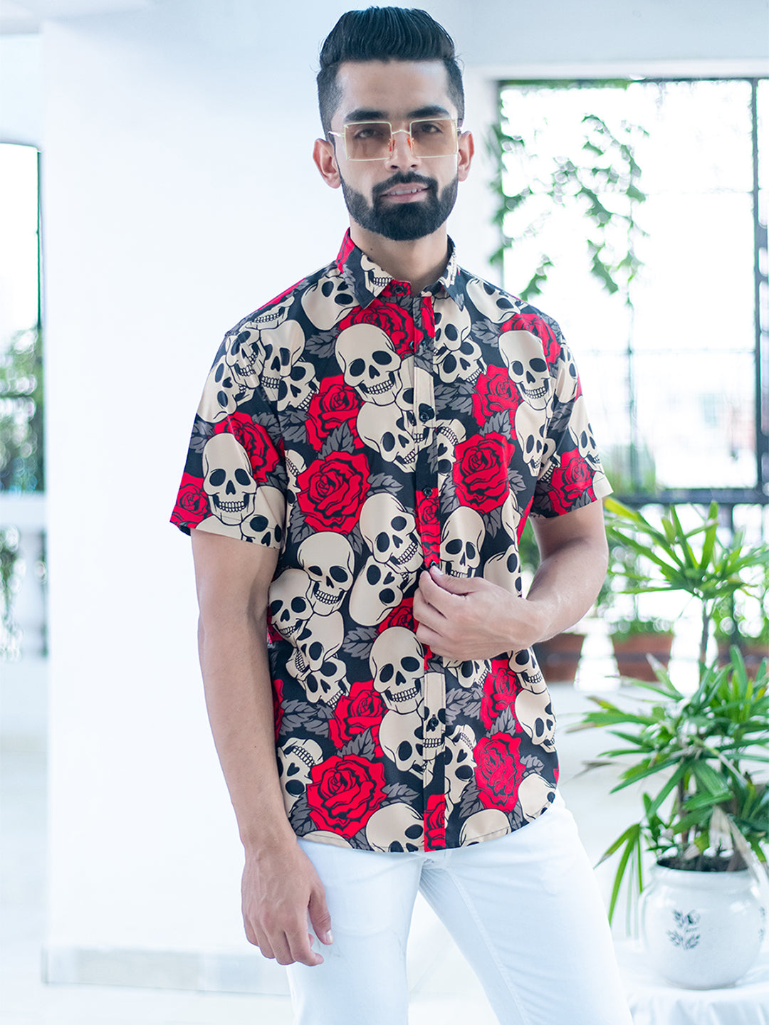 Half Sleeves Crepe Multicolor Skull & Rose Printed Shirt