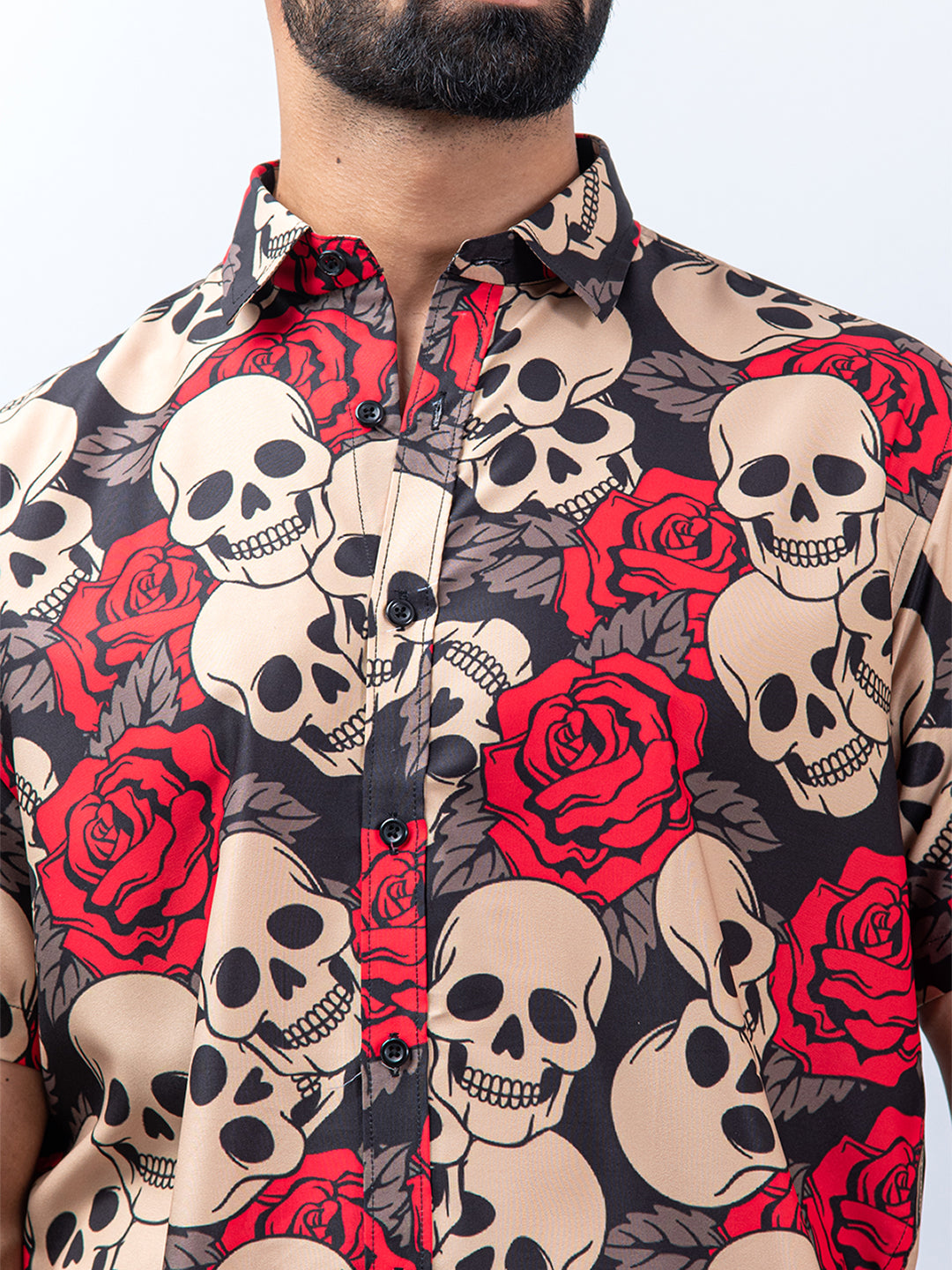 Half Sleeves Crepe Multicolor Skull & Rose Printed Shirt