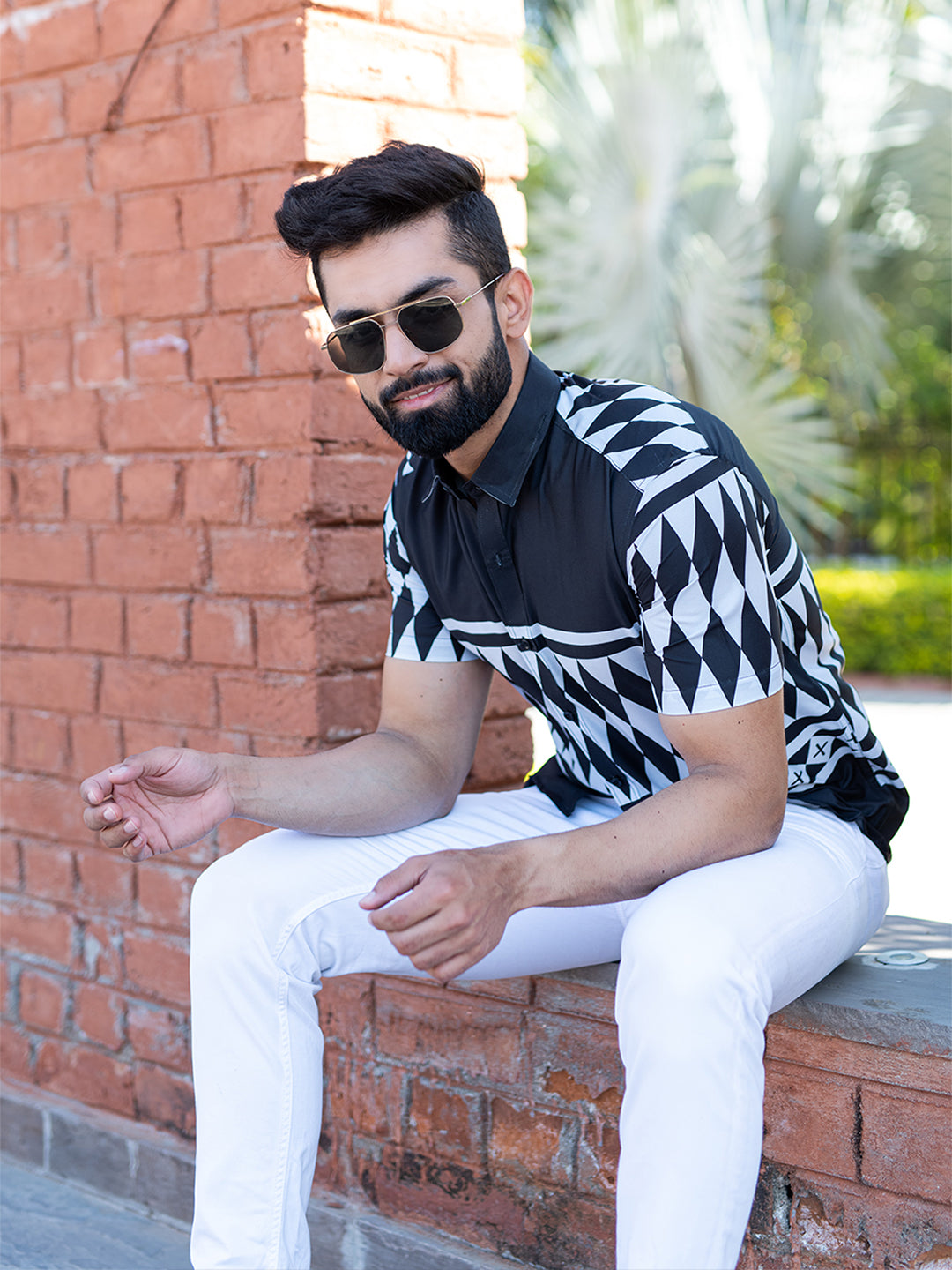 Black & White Half Sleeves Aztec Crepe Printed Shirt