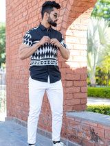 Black & White Half Sleeves Aztec Crepe Printed Shirt