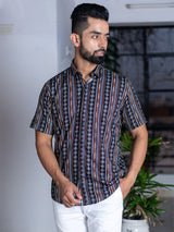 Black Ikat Half Sleeves Printed Shirt For Men