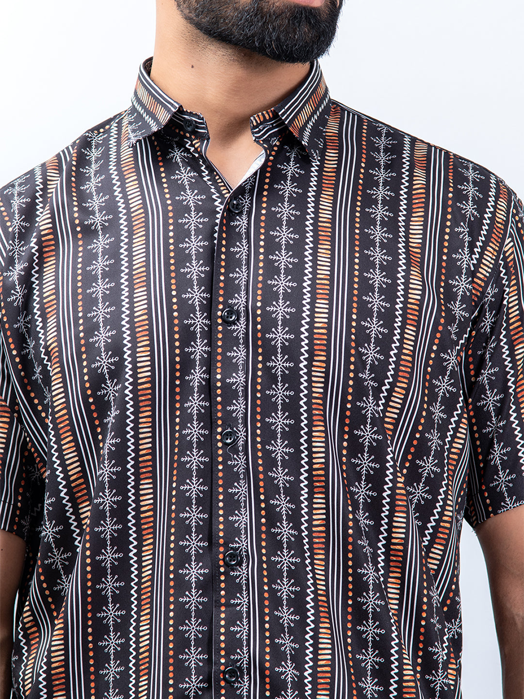 Black Ikat Half Sleeves Printed Shirt For Men