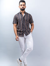 Black Ikat Half Sleeves Printed Shirt For Men