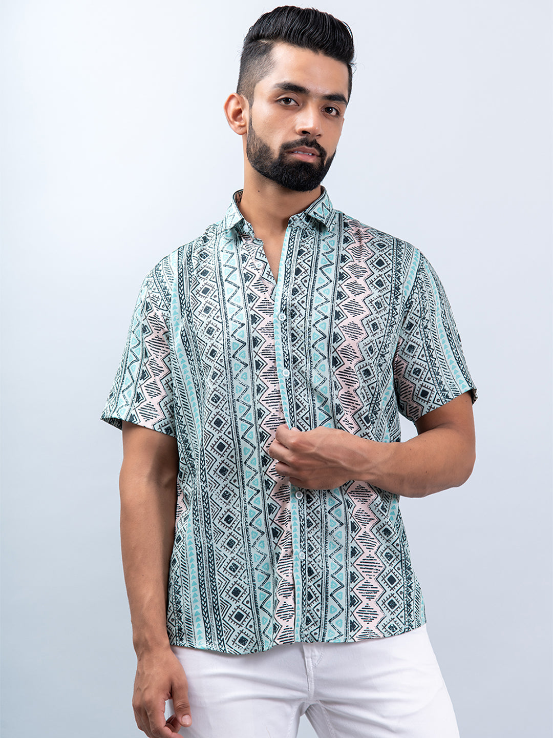 Sea Green Tribal Half Sleeves Printed Shirt