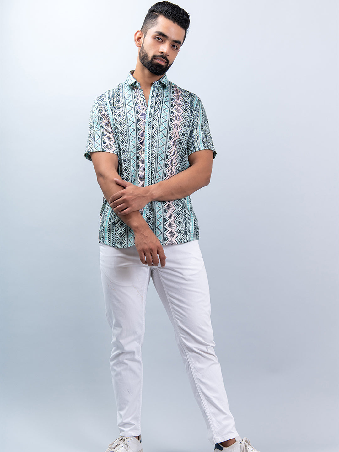 Sea Green Tribal Half Sleeves Printed Shirt