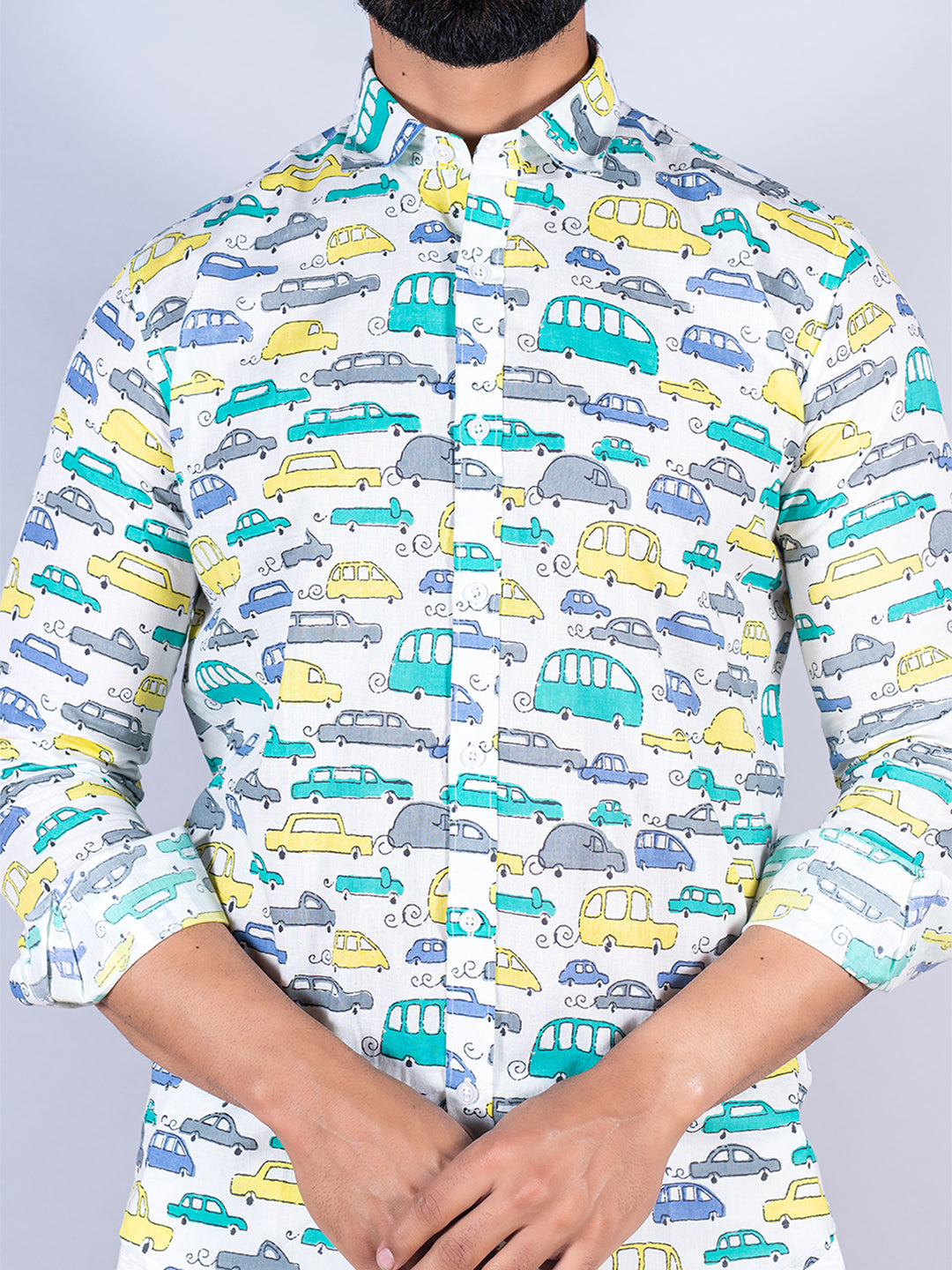 White Toy Car Printed Full Sleeves Cotton Shirt