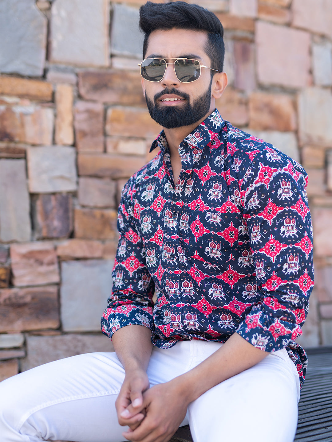 Cotton Full Sleeves Blue Elephant Print Shirt