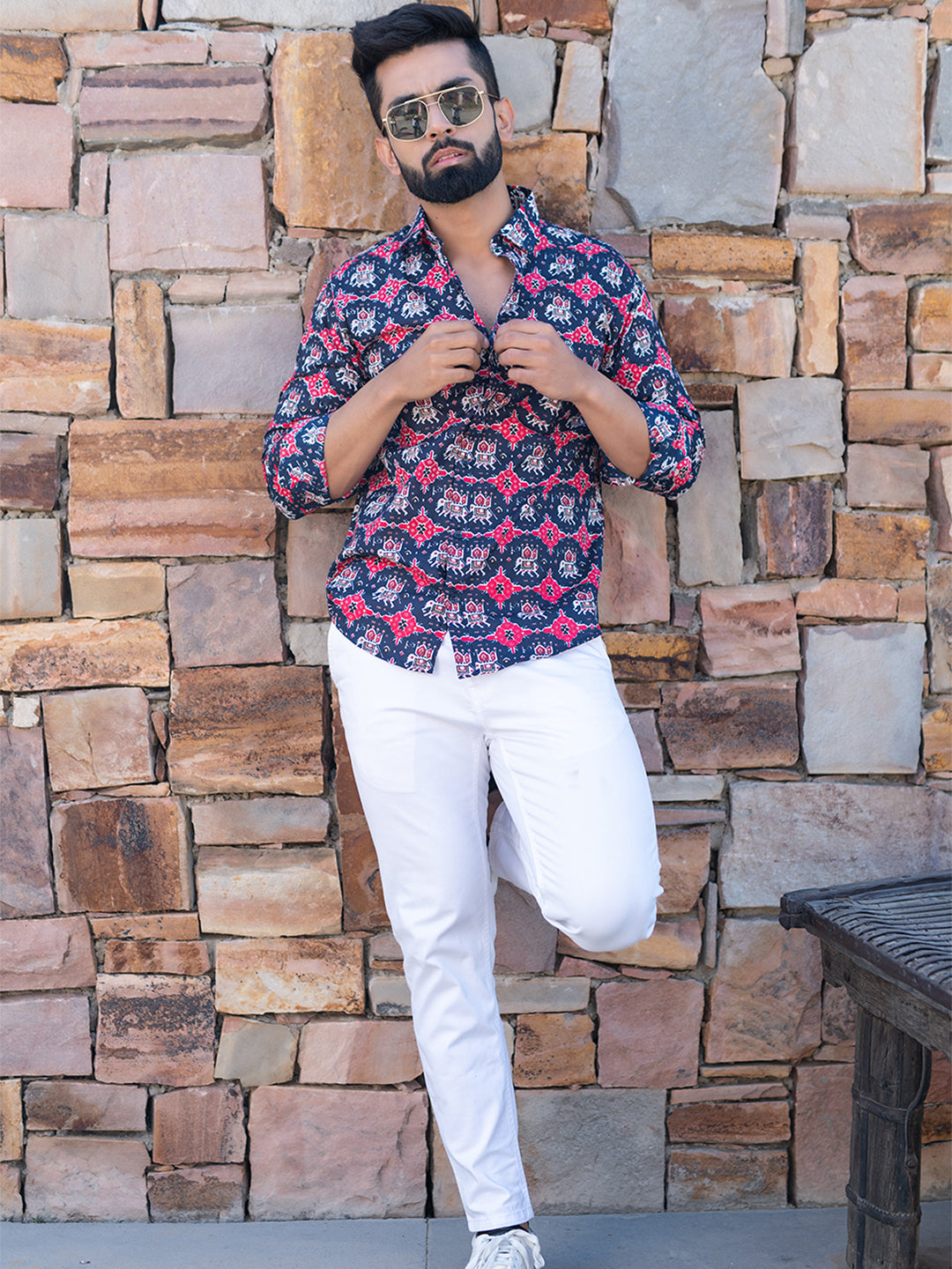 Cotton Full Sleeves Blue Elephant Print Shirt