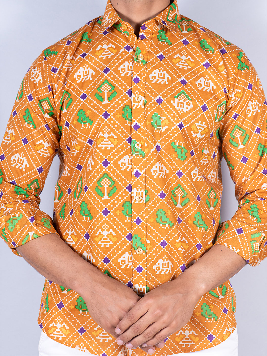 Yellow Patola Printed Full Sleeves Cotton Shirt