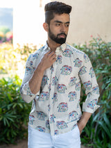 Cotton Full Sleeves White Elephant Print Shirt