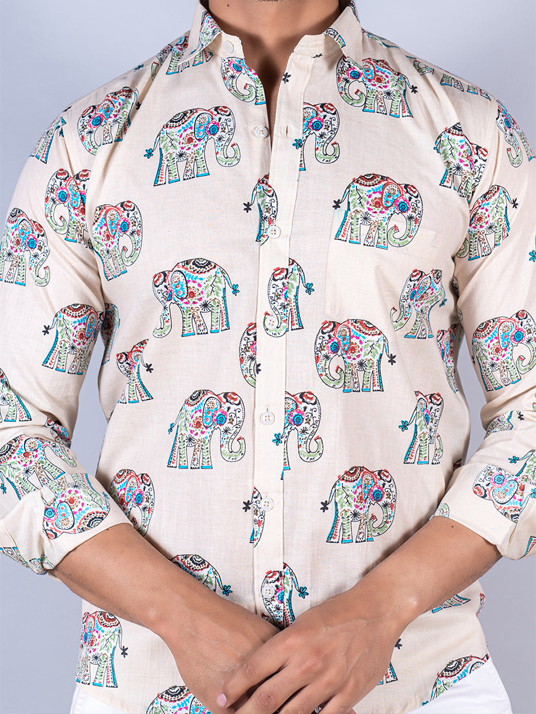 Cotton Full Sleeves White Elephant Print Shirt